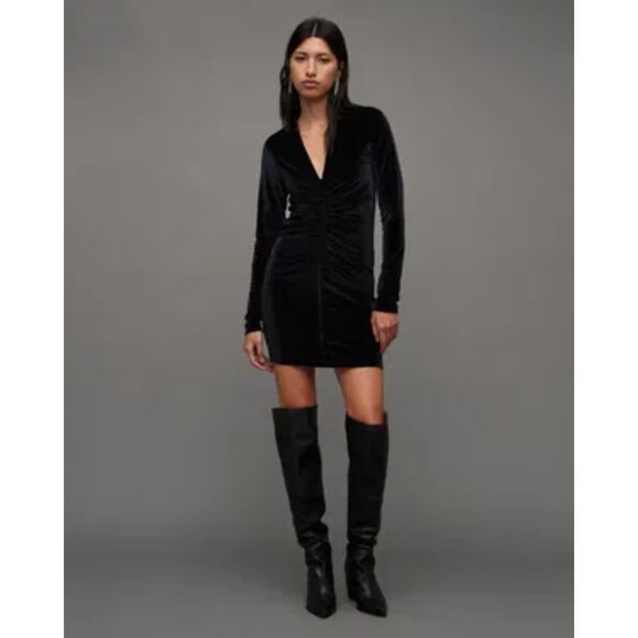 Allsaints NWT Anya Velvet Dress V Neck Back Zip Mini Long Sleeve Black Size 10 - Picture 1 of 10